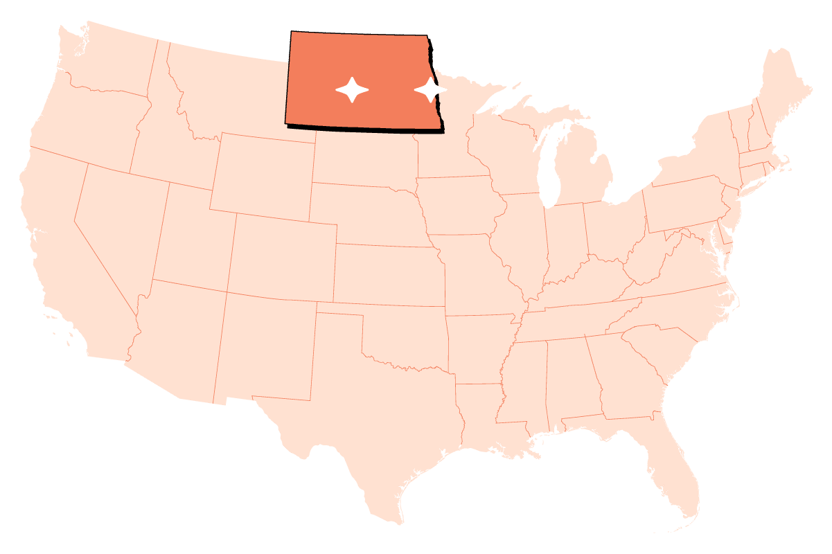 Map of the USA with Bismarck, ND and Fargo, ND location markers.